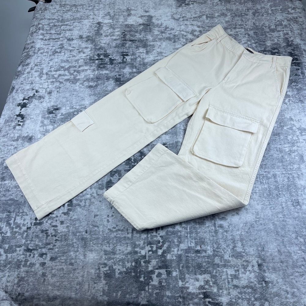 Zara Women S Cargo Jeans Solid Beige Wide Leg Utility Pants Cotton‎ Minimalist